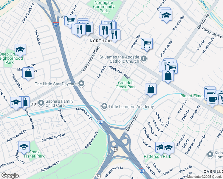 map of restaurants, bars, coffee shops, grocery stores, and more near 34665 Allegheny Court in Fremont