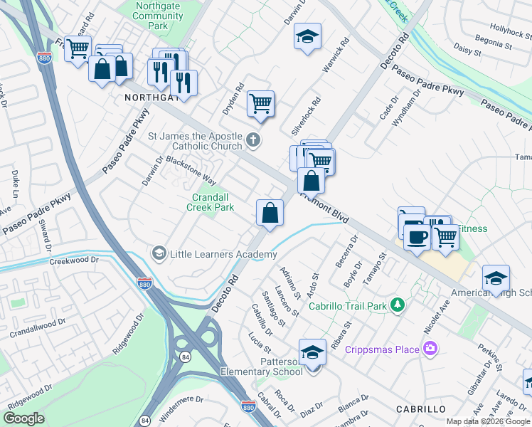 map of restaurants, bars, coffee shops, grocery stores, and more near in Fremont