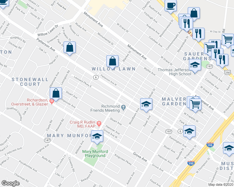 map of restaurants, bars, coffee shops, grocery stores, and more near 4605 Patterson Avenue in Richmond