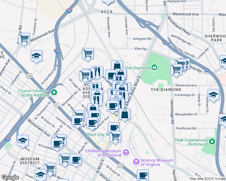 map of restaurants, bars, coffee shops, grocery stores, and more near 3031 Norfolk Street in Richmond