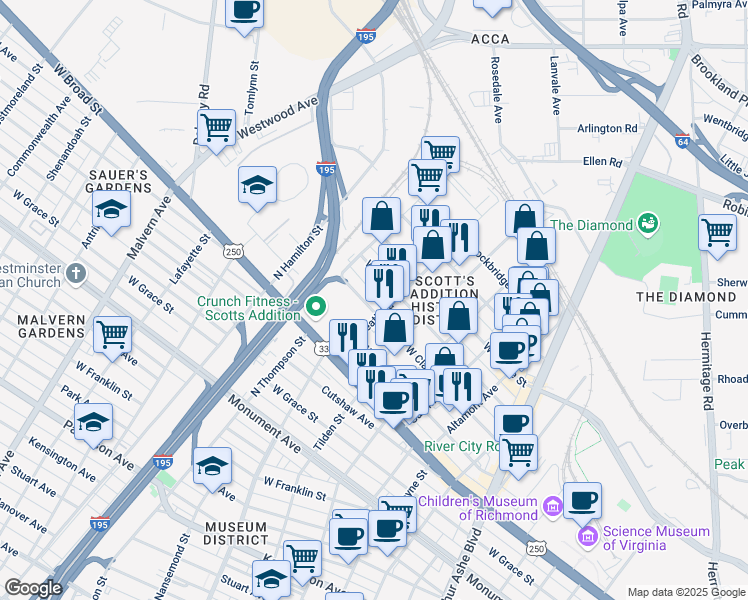map of restaurants, bars, coffee shops, grocery stores, and more near 1311 Roseneath Road in Richmond