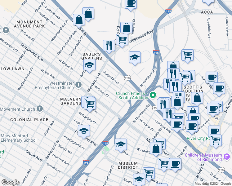 map of restaurants, bars, coffee shops, grocery stores, and more near 3900 West Grace Street in Richmond