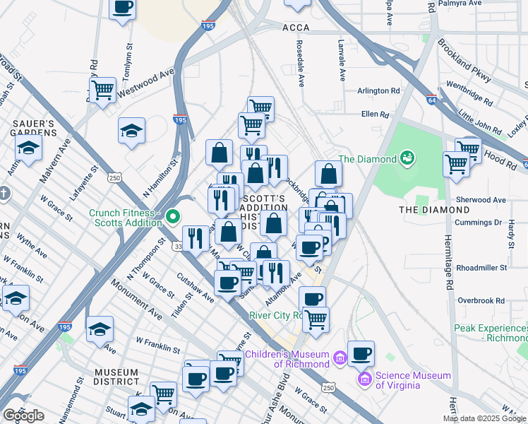 map of restaurants, bars, coffee shops, grocery stores, and more near in Richmond