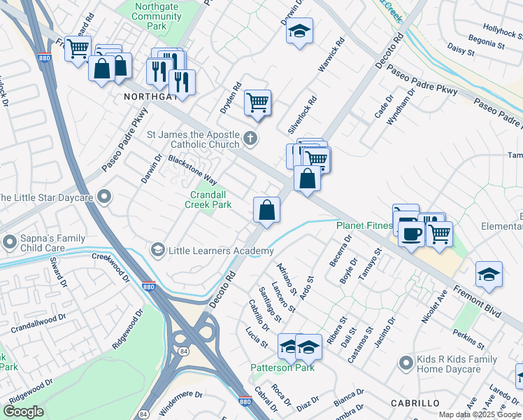 map of restaurants, bars, coffee shops, grocery stores, and more near 34923 Sausalito Terrace in Fremont