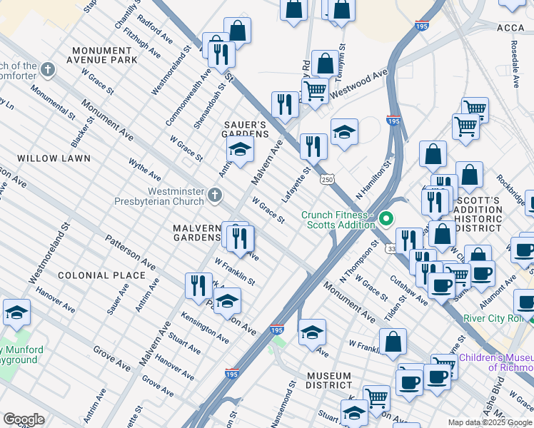 map of restaurants, bars, coffee shops, grocery stores, and more near 4003 West Grace Street in Richmond
