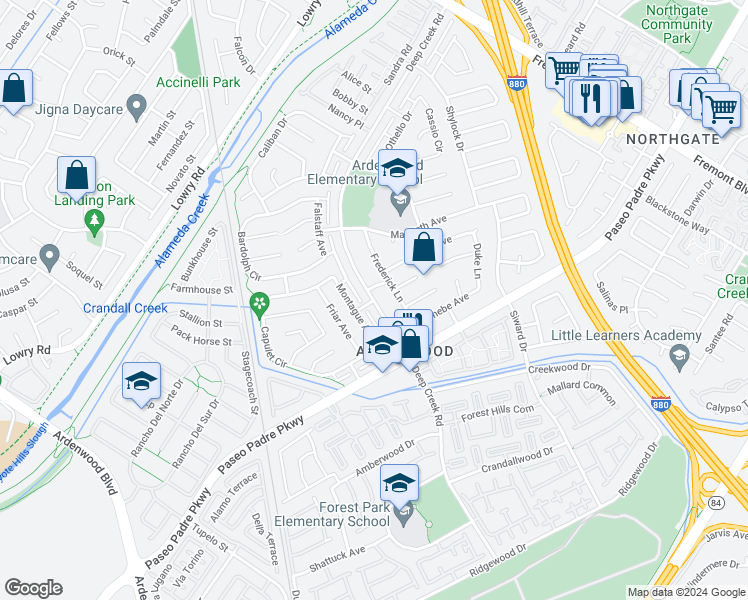 map of restaurants, bars, coffee shops, grocery stores, and more near Deep Creek Road in Fremont