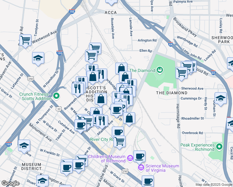 map of restaurants, bars, coffee shops, grocery stores, and more near 3031 Norfolk Street in Richmond