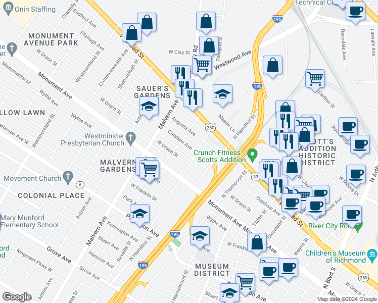 map of restaurants, bars, coffee shops, grocery stores, and more near 3913 Cutshaw Avenue in Richmond