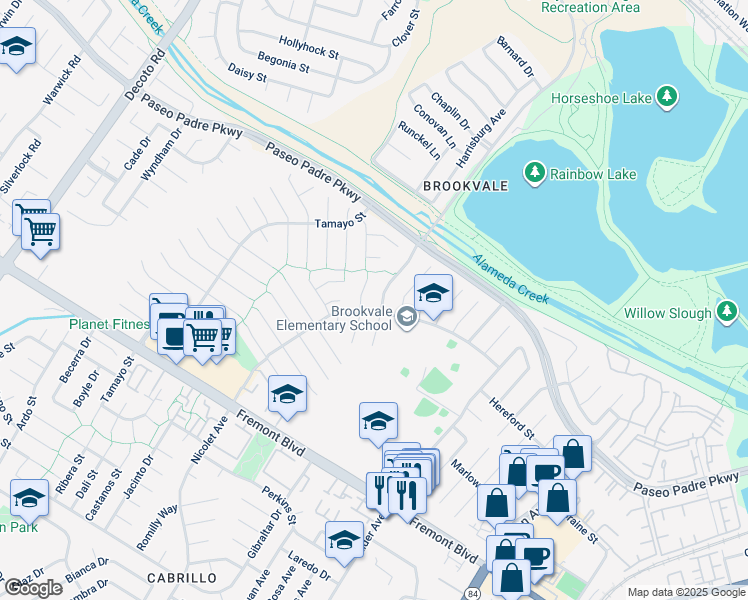 map of restaurants, bars, coffee shops, grocery stores, and more near 3359 Isherwood Way in Fremont