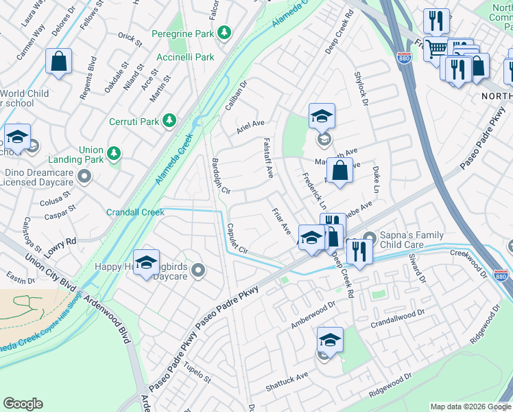 map of restaurants, bars, coffee shops, grocery stores, and more near 33867 Juliet Circle in Fremont