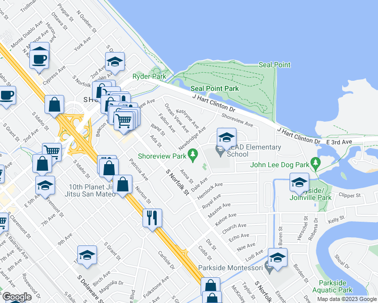 map of restaurants, bars, coffee shops, grocery stores, and more near 1616 Cottage Grove Avenue in San Mateo