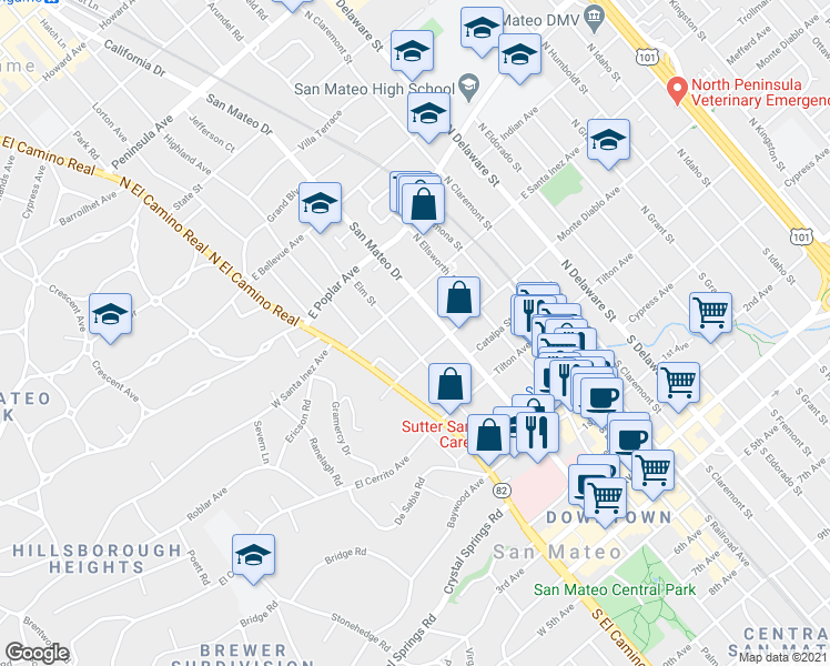 map of restaurants, bars, coffee shops, grocery stores, and more near 25 Monte Diablo Avenue in San Mateo