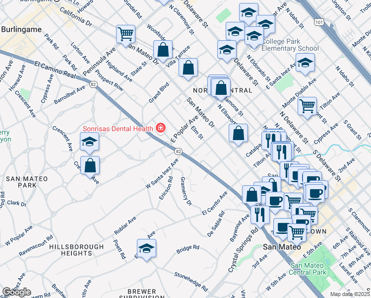 map of restaurants, bars, coffee shops, grocery stores, and more near 1 West Santa Inez Avenue in San Mateo