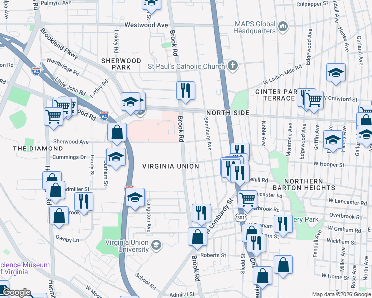 map of restaurants, bars, coffee shops, grocery stores, and more near in Richmond