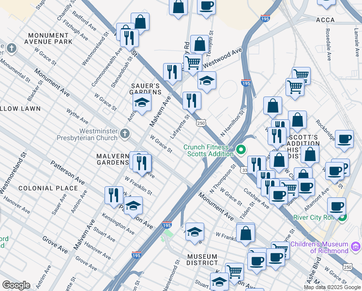 map of restaurants, bars, coffee shops, grocery stores, and more near 3900 West Grace Street in Richmond