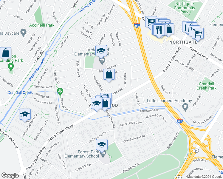 map of restaurants, bars, coffee shops, grocery stores, and more near 4746 Jaques Court in Fremont