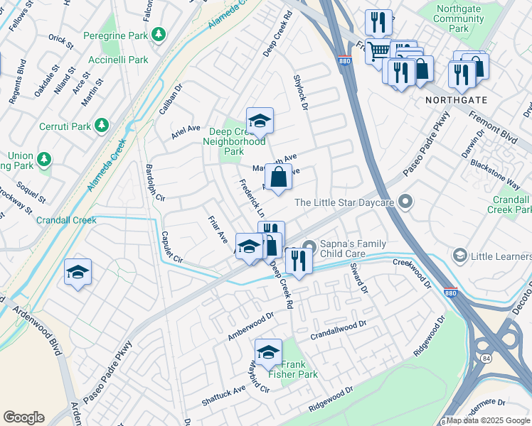 map of restaurants, bars, coffee shops, grocery stores, and more near 4795 Jaques Court in Fremont