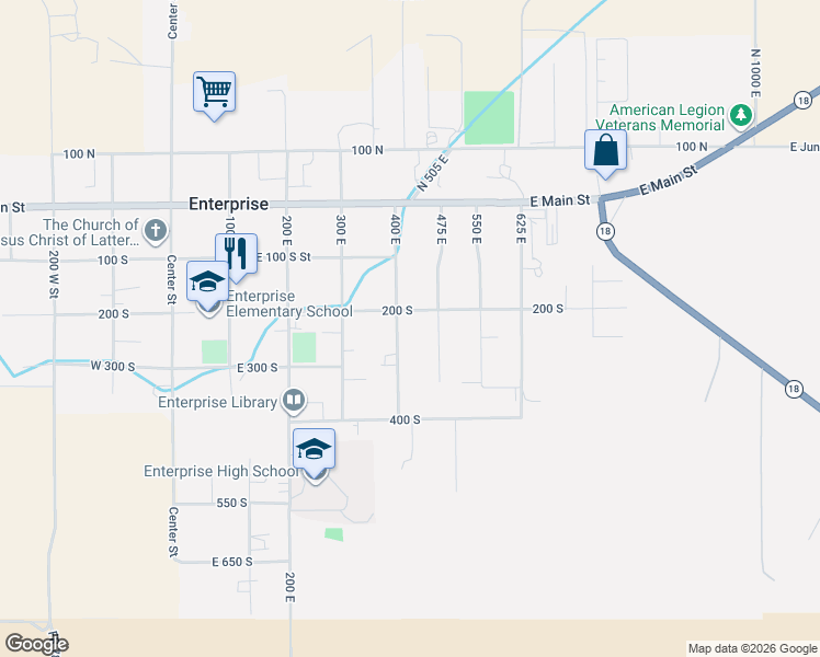 map of restaurants, bars, coffee shops, grocery stores, and more near 231 South 400 West in Enterprise