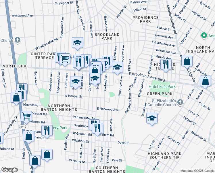 map of restaurants, bars, coffee shops, grocery stores, and more near 2817 Barton Avenue in Richmond