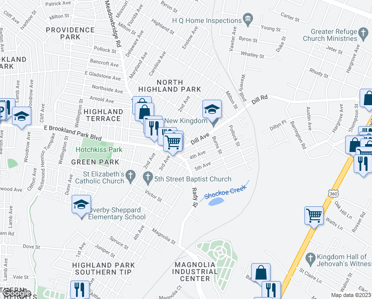 map of restaurants, bars, coffee shops, grocery stores, and more near 3017 Dill Avenue in Richmond