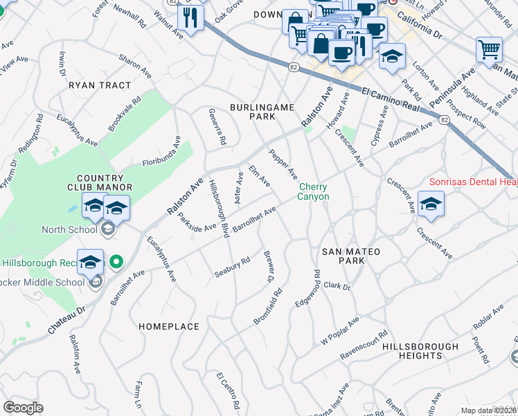 map of restaurants, bars, coffee shops, grocery stores, and more near 1940 Parkside Avenue in Hillsborough