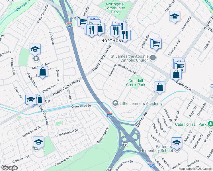 map of restaurants, bars, coffee shops, grocery stores, and more near 34517 Colville Place in Fremont