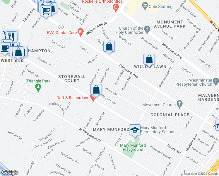 map of restaurants, bars, coffee shops, grocery stores, and more near 4806 Stuart Avenue in Richmond