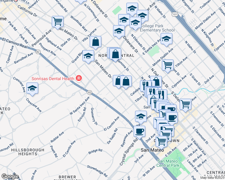 map of restaurants, bars, coffee shops, grocery stores, and more near 234 Elm Street in San Mateo