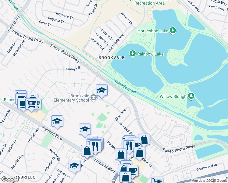 map of restaurants, bars, coffee shops, grocery stores, and more near 3118 Lubbock Place in Fremont