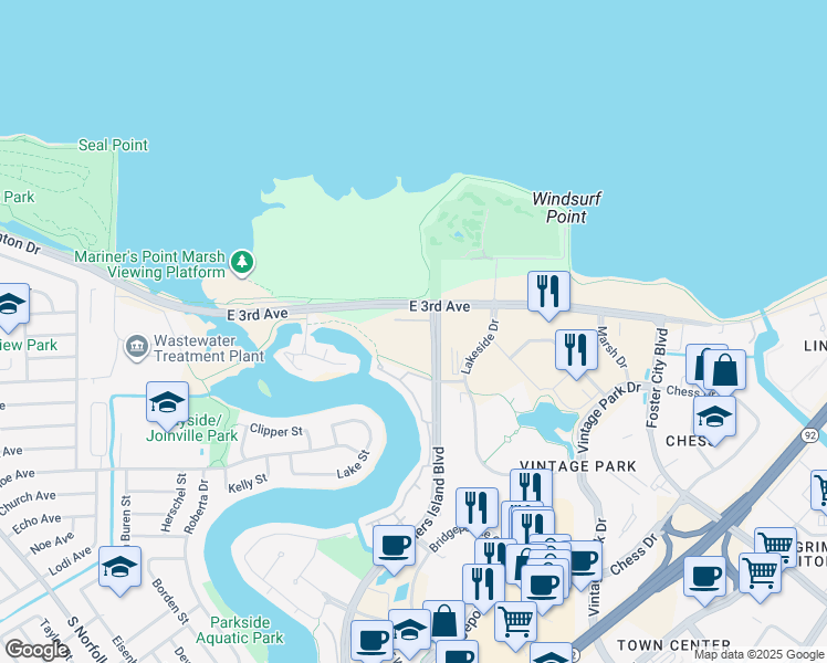 map of restaurants, bars, coffee shops, grocery stores, and more near 400 Mariners Island Boulevard in San Mateo
