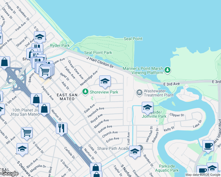 map of restaurants, bars, coffee shops, grocery stores, and more near 1771 Cottage Grove Avenue in San Mateo