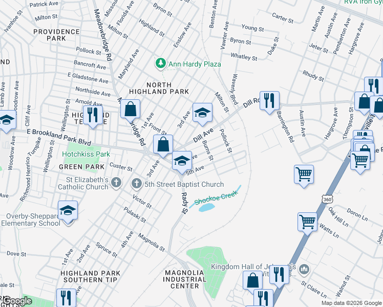 map of restaurants, bars, coffee shops, grocery stores, and more near 3102 Utah Place in Richmond