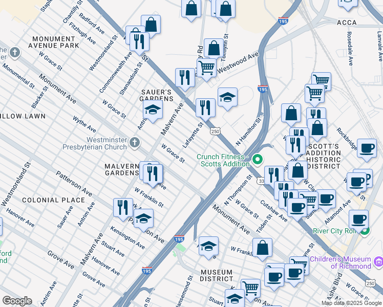 map of restaurants, bars, coffee shops, grocery stores, and more near 3901 Augusta Avenue in Richmond