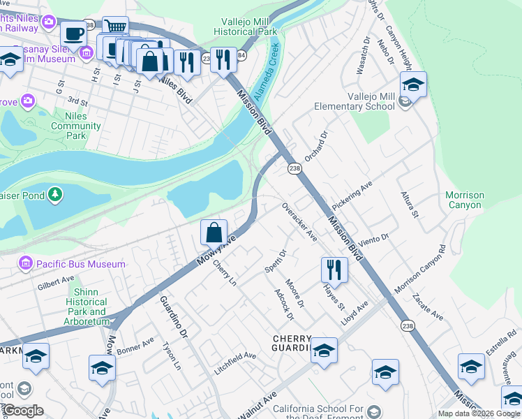 map of restaurants, bars, coffee shops, grocery stores, and more near 111 Overacker Terrace in Fremont