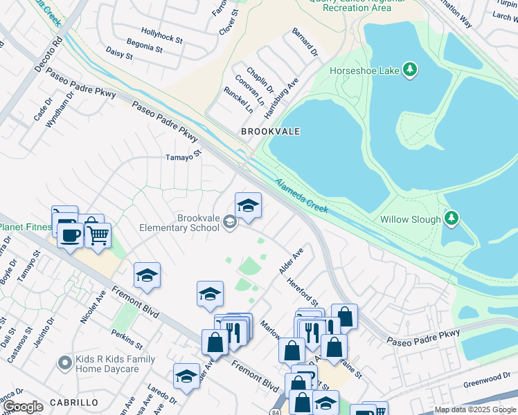 map of restaurants, bars, coffee shops, grocery stores, and more near 3155 Mackenzie Place in Fremont