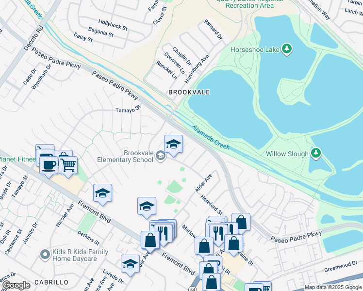 map of restaurants, bars, coffee shops, grocery stores, and more near 3155 Mackenzie Place in Fremont