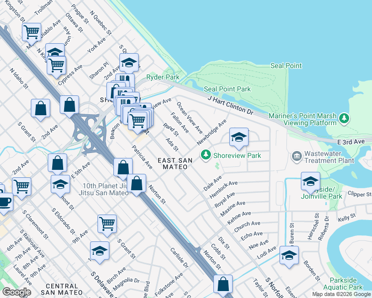map of restaurants, bars, coffee shops, grocery stores, and more near 856 Rand Street in San Mateo