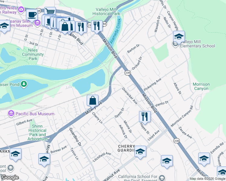 map of restaurants, bars, coffee shops, grocery stores, and more near 142 Overacker Terrace in Fremont