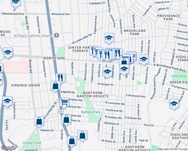 map of restaurants, bars, coffee shops, grocery stores, and more near 2817 Edgewood Avenue in Richmond