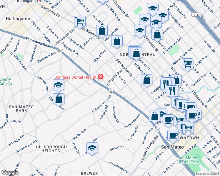 map of restaurants, bars, coffee shops, grocery stores, and more near 358 El Camino Real in San Mateo