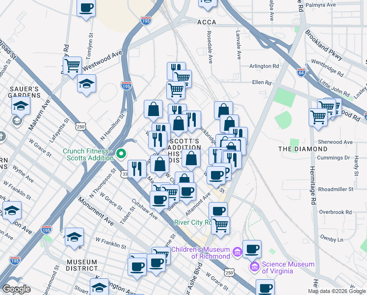 map of restaurants, bars, coffee shops, grocery stores, and more near 1600 Mactavish Avenue in Richmond
