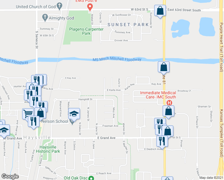 map of restaurants, bars, coffee shops, grocery stores, and more near 1038 East Karla Court in Haysville