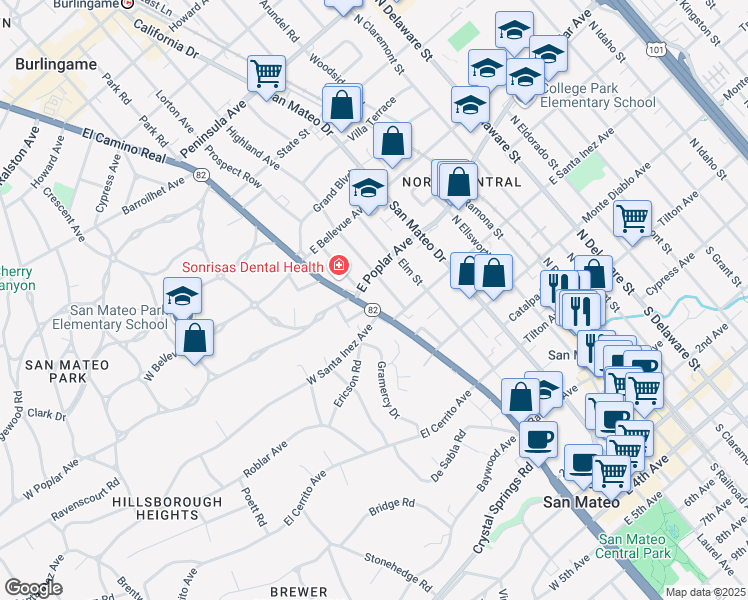 map of restaurants, bars, coffee shops, grocery stores, and more near 358 El Camino Real in San Mateo