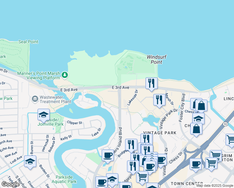 map of restaurants, bars, coffee shops, grocery stores, and more near 400 Mariners Island Boulevard in San Mateo