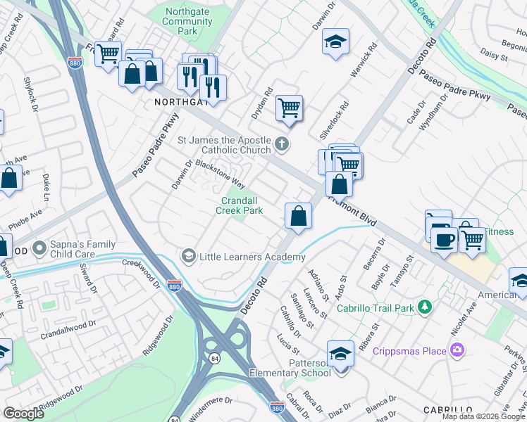 map of restaurants, bars, coffee shops, grocery stores, and more near 34858 Blackstone Way in Fremont