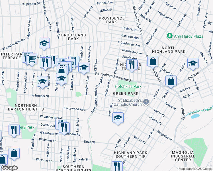 map of restaurants, bars, coffee shops, grocery stores, and more near 2822 Wellington Street in Richmond