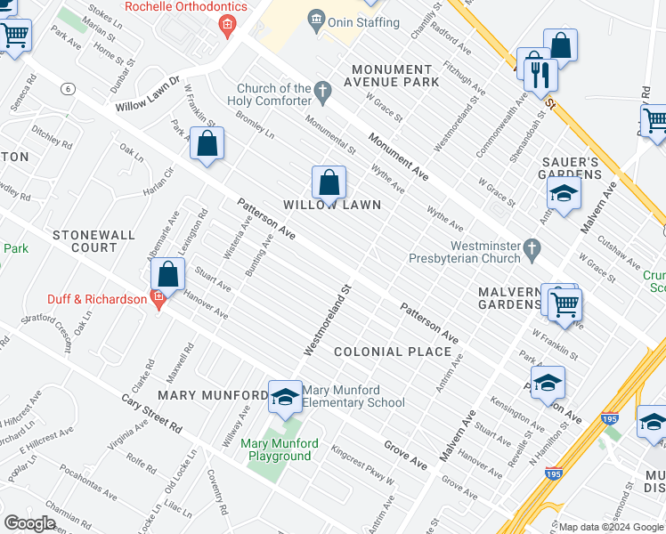 map of restaurants, bars, coffee shops, grocery stores, and more near 4611 Patterson Avenue in Richmond