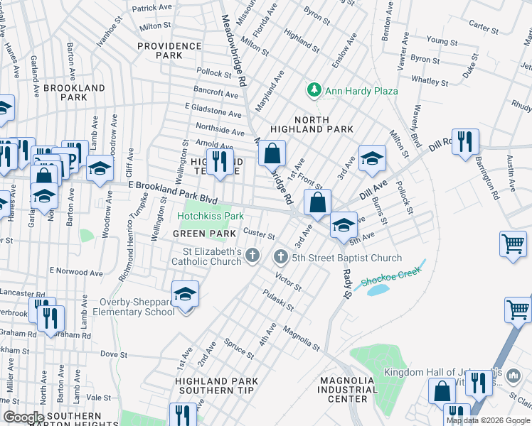 map of restaurants, bars, coffee shops, grocery stores, and more near 1203 East Brookland Park Boulevard in Richmond