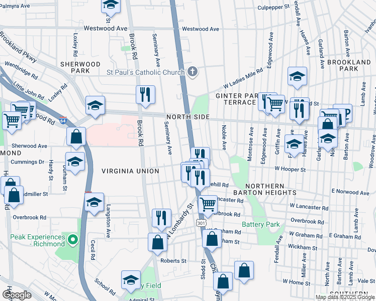 map of restaurants, bars, coffee shops, grocery stores, and more near 2907 Chamberlayne Avenue in Richmond