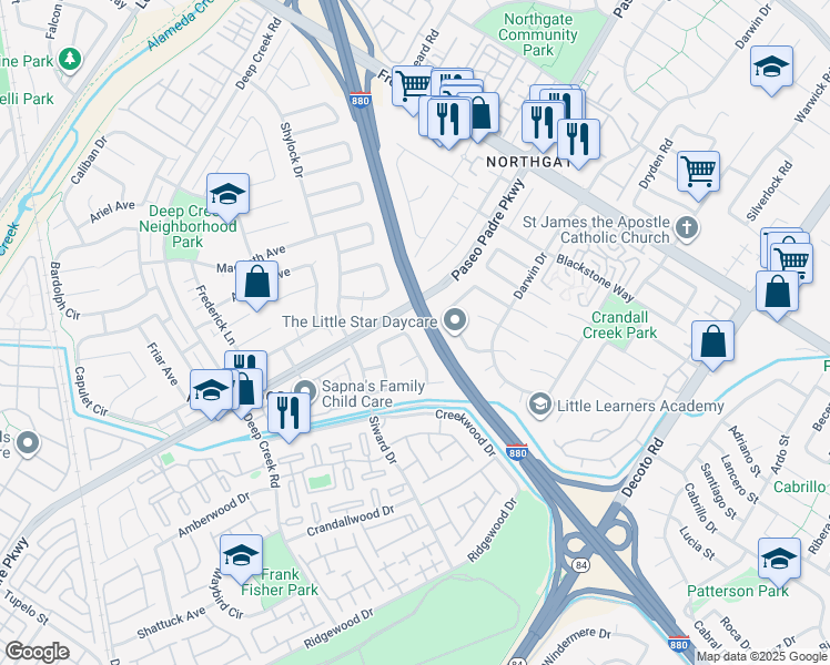 map of restaurants, bars, coffee shops, grocery stores, and more near 4504 Leonato Way in Fremont